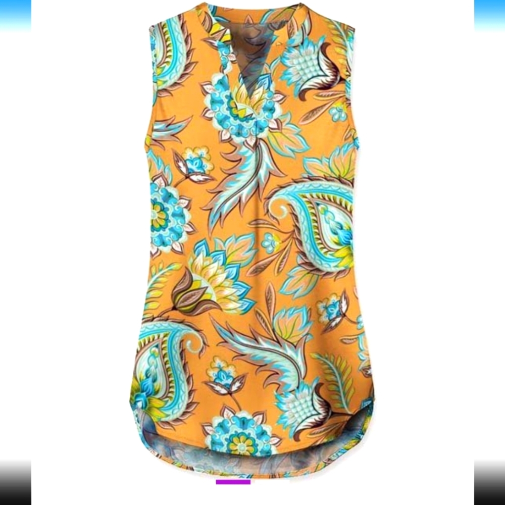 Mustard & Teal floral Notch neck sleeveless top